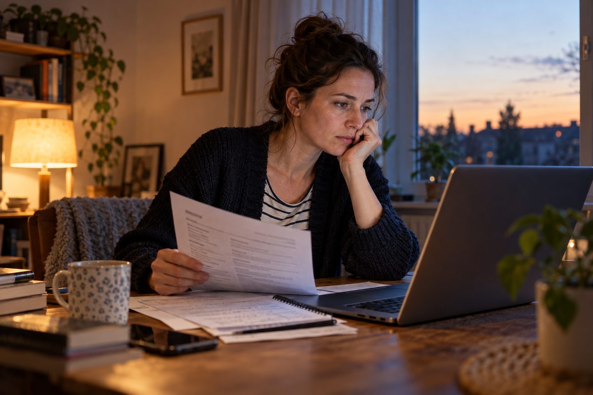A woman at her kitchen table in the evening, reading her CV with a laptop open
