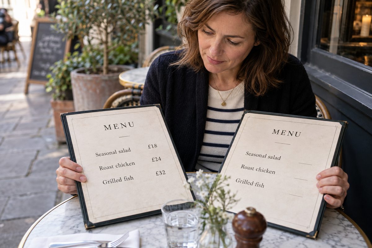 A woman at a cafe table holding two menus, one with prices and one without